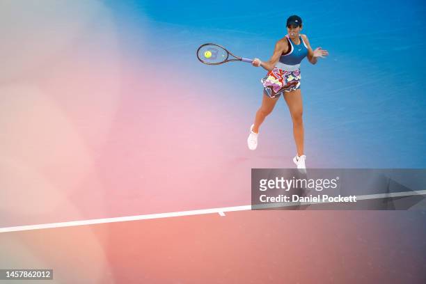 Madison Keys of the United States plays a forehand during the third round singles match against Victoria Azarenka during day five of the 2023...