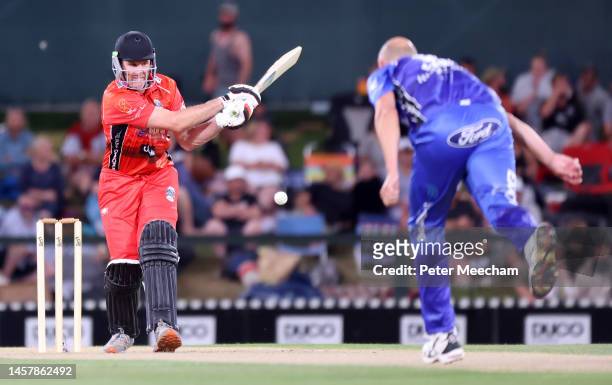 Kieran Read of Team Rugby hits the ball against Chris Martin of Team Cricket during the T20 Black Clash at Hagley Oval on January 20, 2023 in...