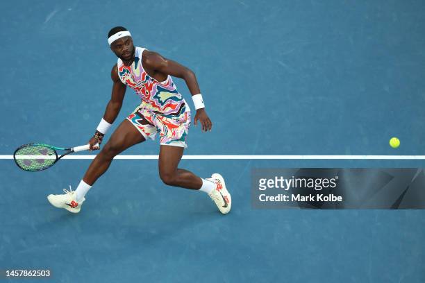 Frances Tiafoe of the United States plays a forehand during the third round singles match against Karen Khachanov during day five of the 2023...