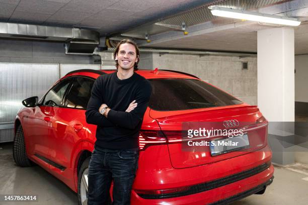 Goalkeeper Yann Sommer of FC Bayern Muenchen poses for a photo in front of an Audi on January 18, 2023 in Munich, Germany.