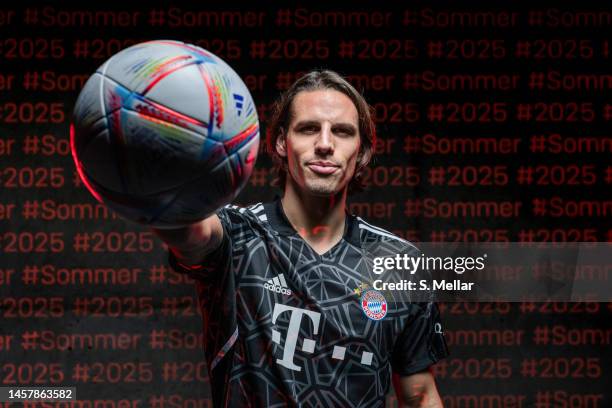 Goalkeeper Yann Sommer of FC Bayern Muenchen poses for a photo during his unveiling as new player of FC Bayern Muenchen on January 18, 2023 in...