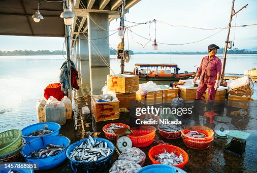 female vendor at fish market in Hoi An, Vietnam