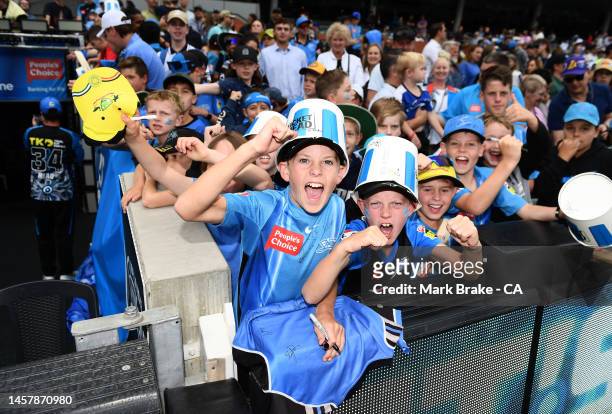 Young Strikers fans wait for autographs after the Men's Big Bash League match between the Adelaide Strikers and the Perth Scorchers at Adelaide Oval,...