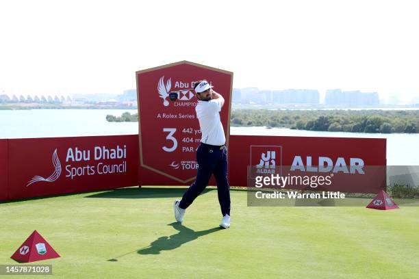 Antoine Rozner of France tees off on the third hole during day two of the Abu Dhabi HSBC Championship at Yas Links Golf Course on January 20, 2023 in...