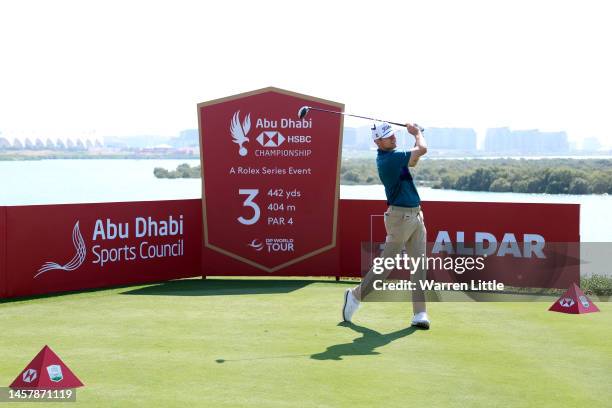 Yannik Paul of Germany tees off on the third hole during day two of the Abu Dhabi HSBC Championship at Yas Links Golf Course on January 20, 2023 in...