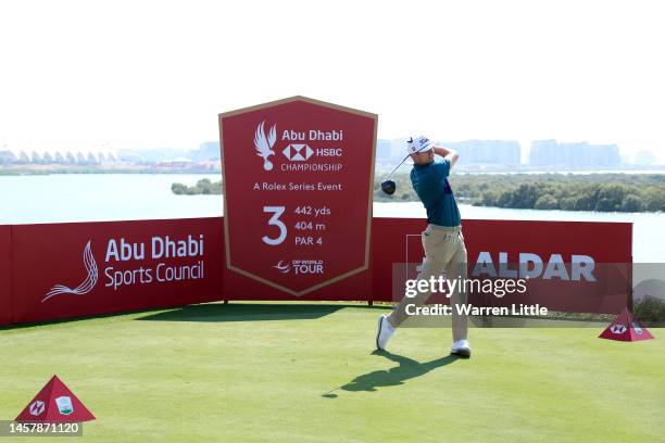 Yannik Paul of Germany tees off on the third hole during day two of the Abu Dhabi HSBC Championship at Yas Links Golf Course on January 20, 2023 in...