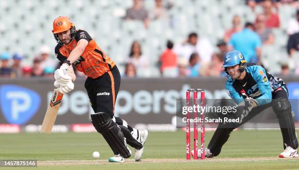 Stephen Eskinazi of the Scorchers and Alex Carey of the Strikers during the Men's Big Bash League match between the Adelaide Strikers and the Perth...