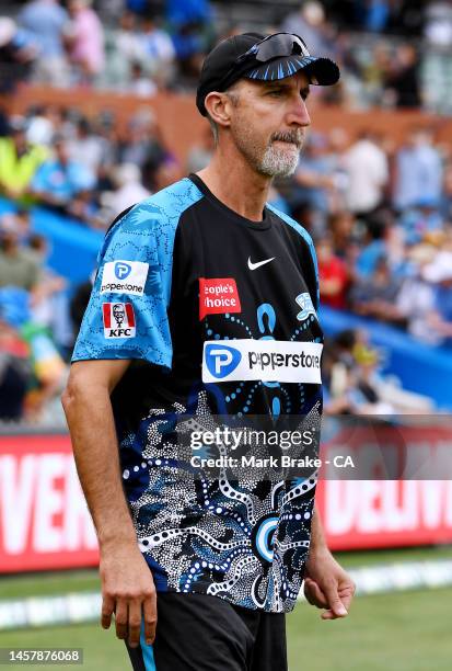 Jason Gillespie coach of the Strikers during the Men's Big Bash League match between the Adelaide Strikers and the Perth Scorchers at Adelaide Oval,...