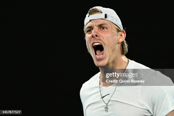 Denis Shapovalov of Canada reacts during the third round singles match against Hubert Hurkacz of Poland during day five of the 2023 Australian Open...