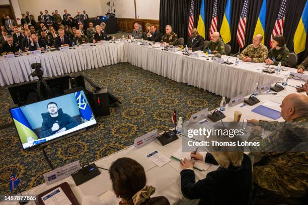 Ukrainian President Volodymyr Selensky addresses German Defence Minister Boris Pistorius, U.S. Secretary of Defence Lloyd Austin, NATO Secretary...