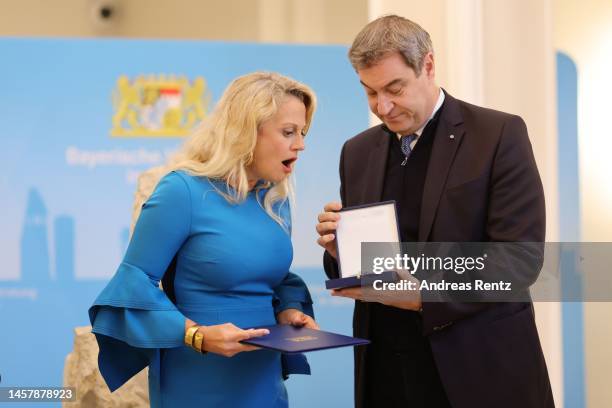 Barbara Schoeneberger is awarded with the Bavarian Order Of Merit handed over by Bavarian State Premier Markus Soeder on January 20, 2023 in Berlin,...