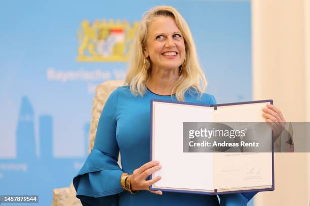 Barbara Schoeneberger is awarded with the Bavarian Order Of Merit handed over by Bavarian State Premier Markus Soeder on January 20, 2023 in Berlin,...