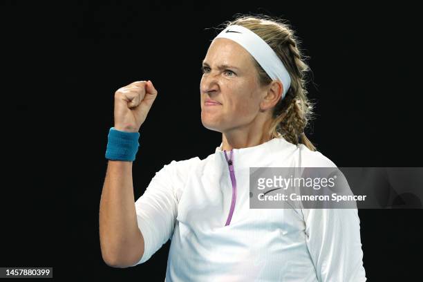 Victoria Azarenka celebrates match point during the third round singles match against Madison Keys of the United States during day five of the 2023...
