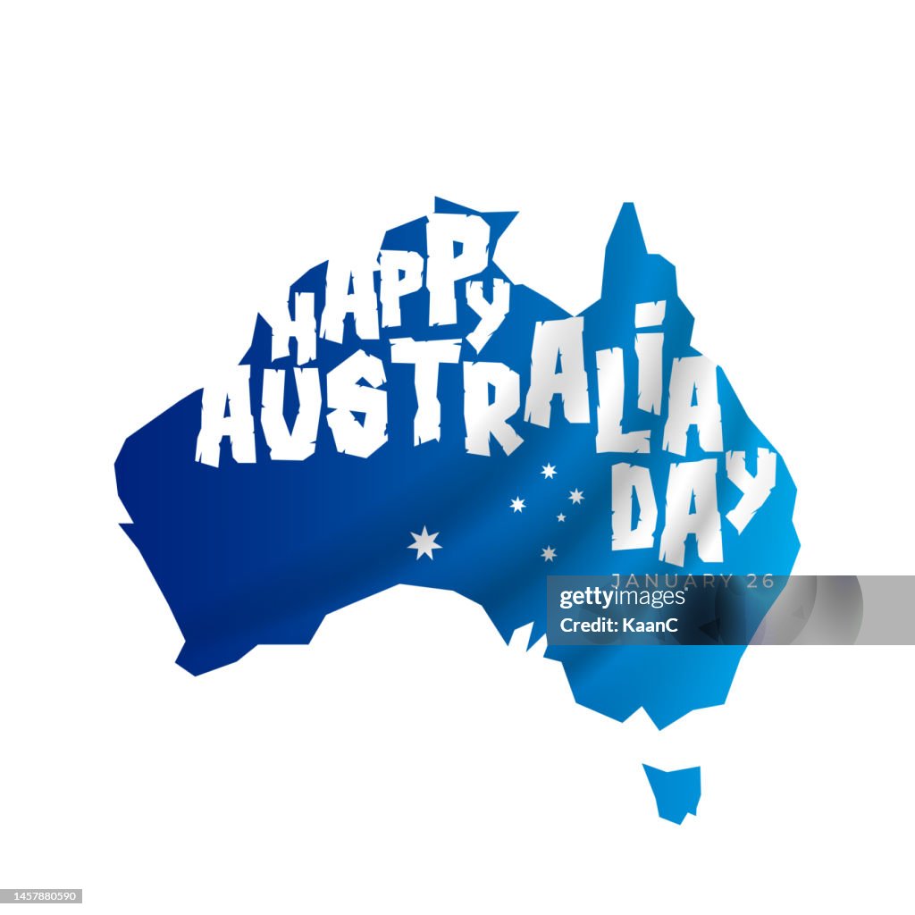 Happy Australia day lettering. Map of Australia on background with stars. Vector stock illustration