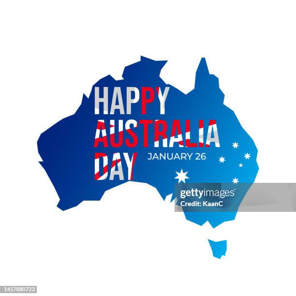 ilustraciones, imágenes clip art, dibujos animados e iconos de stock de feliz día de australia lettering. mapa de australia al fondo con estrellas. ilustración de material vectorial - día de australia