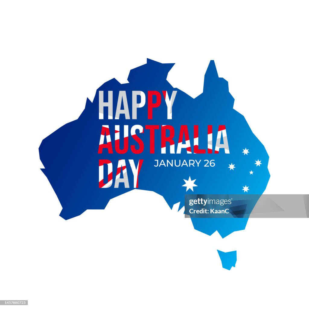 Happy Australia day lettering. Map of Australia on background with stars. Vector stock illustration
