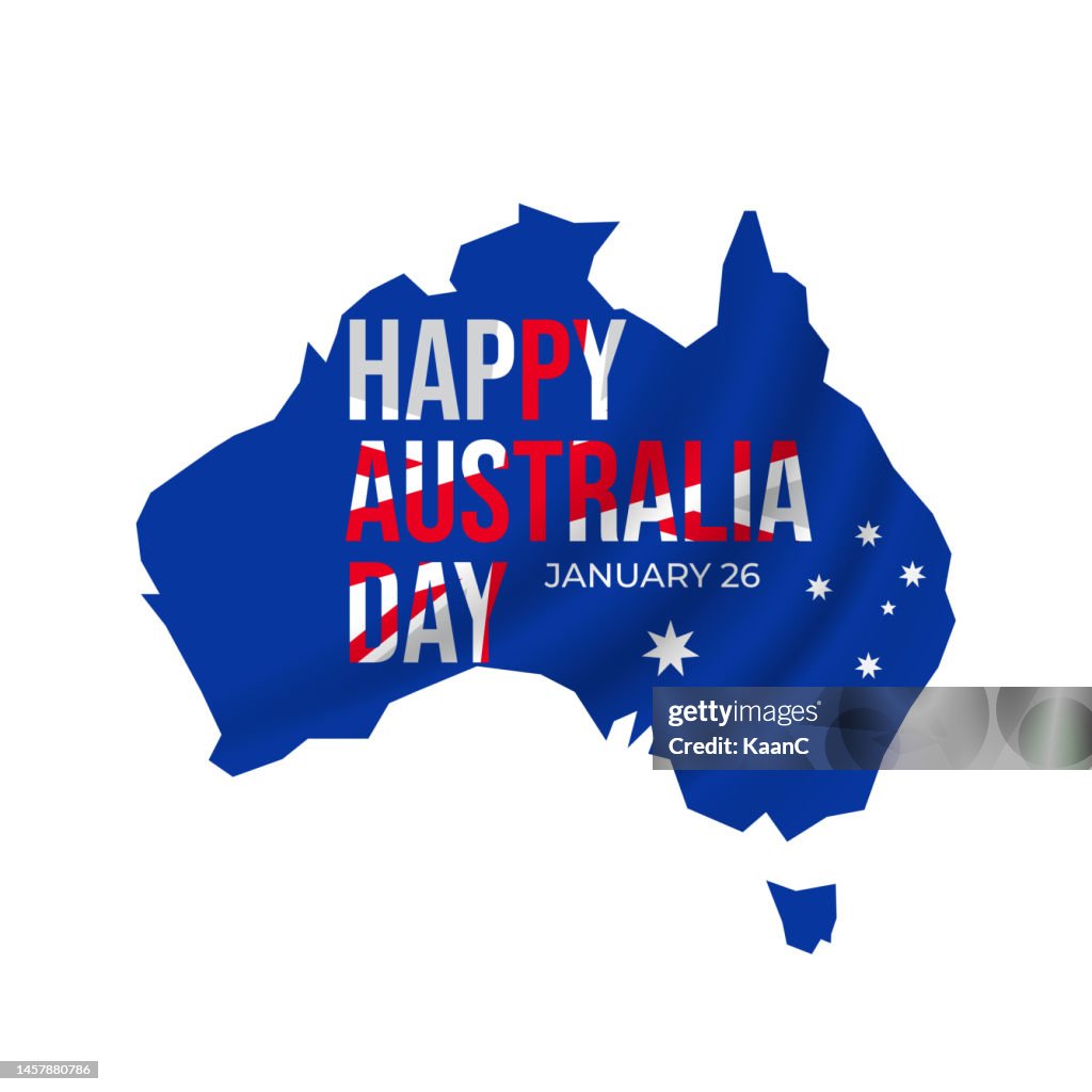Happy Australia day lettering. Map of Australia on background with stars. Vector stock illustration