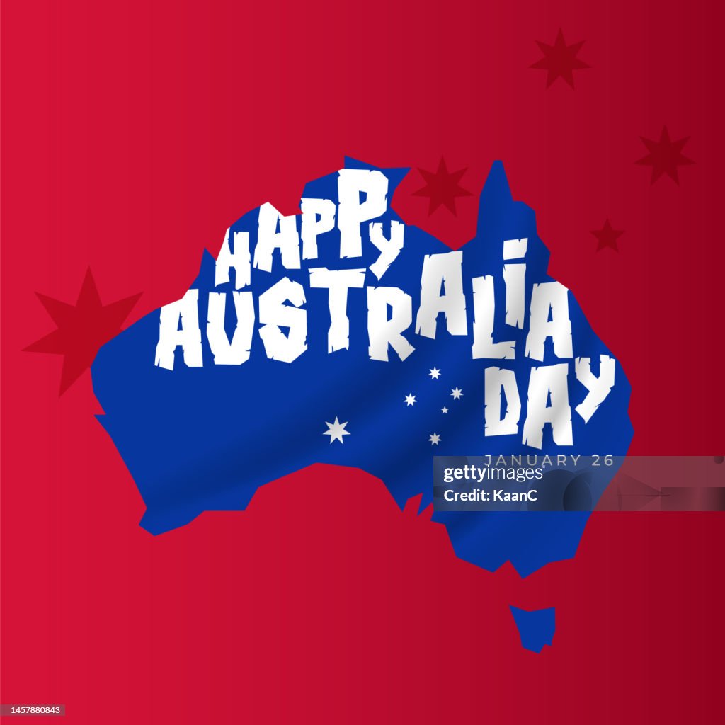 Happy Australia day lettering. Map of Australia on background with stars. Vector stock illustration