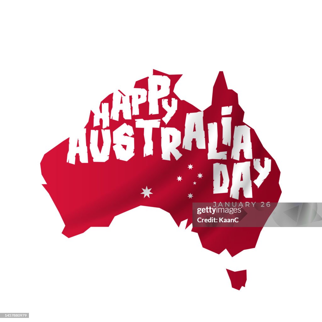 Happy Australia day lettering. Map of Australia on background with stars. Vector stock illustration