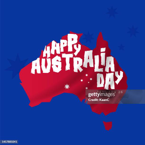 happy australia day schriftzug. karte von australien auf dem hintergrund mit sternen. vektor-stock-illustration - australia day celebrations stock-grafiken, -clipart, -cartoons und -symbole