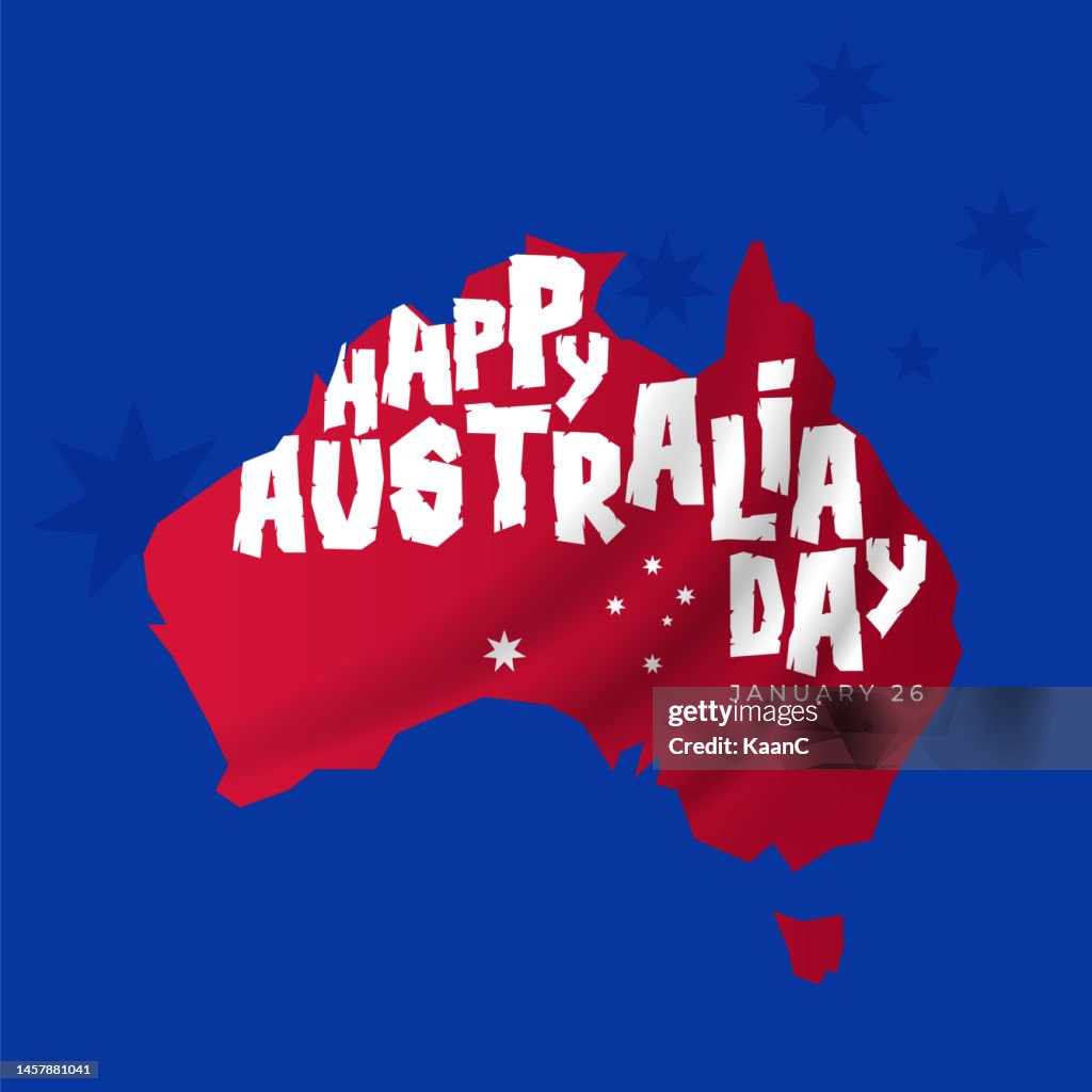 Happy Australia day lettering. Map of Australia on background with stars. Vector stock illustration