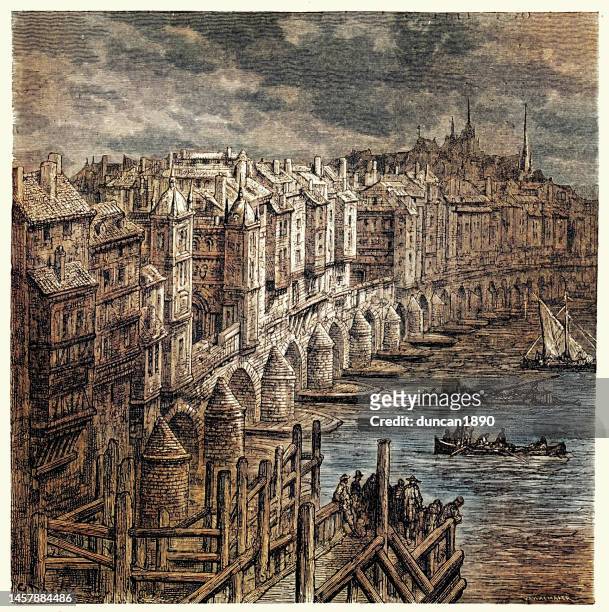old london bridge covered in housing and shops - the past stock illustrations