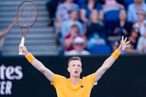 Jiri Lehecka of the Czech Republic celebrates victory during the third round singles match against Cameron Norrie of Great Britain during day five of...