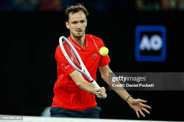 Daniil Medvedev plays a forehand during the third round singles match against Sebastian Korda of the United States during day five of the 2023...