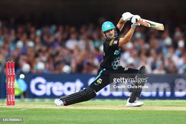 Sam Hain of the Heat bats during the Men's Big Bash League match between the Brisbane Heat and the Hobart Hurricanes at The Gabba, on January 20 in...