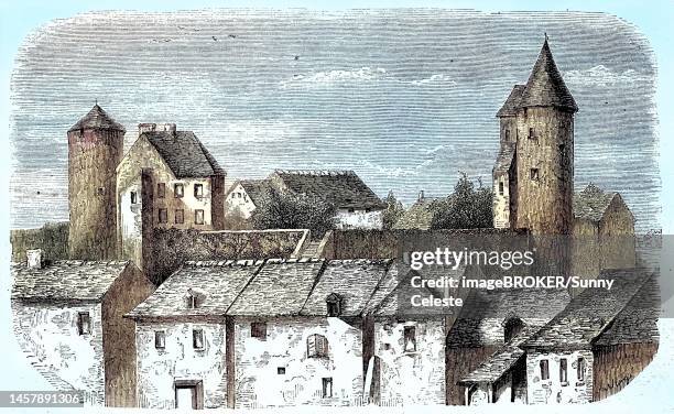 stockillustraties, clipart, cartoons en iconen met ruined castle of charolles in the department of saone-et-loire in the region of bourgogne-franche-comte, 1880, france, historical, digitally retouched reproduction of a 19th century original - castelo