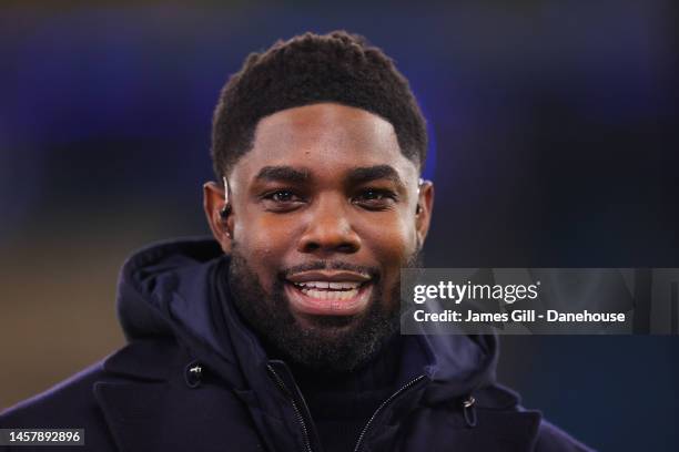 Sky Sports pundit Micah Richards looks on ahead of the Premier League match between Manchester City and Tottenham Hotspur at Etihad Stadium on...