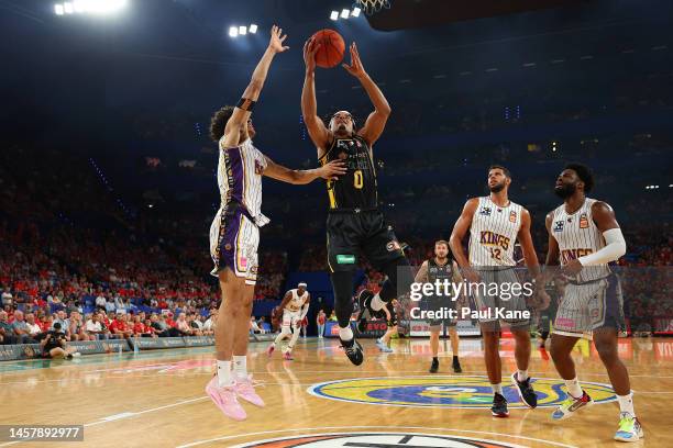 Tai Webster of the Wildcats goes to the basket during the round 16 NBL match between Perth Wildcats and Sydney Kings at RAC Arena, on January 20 in...