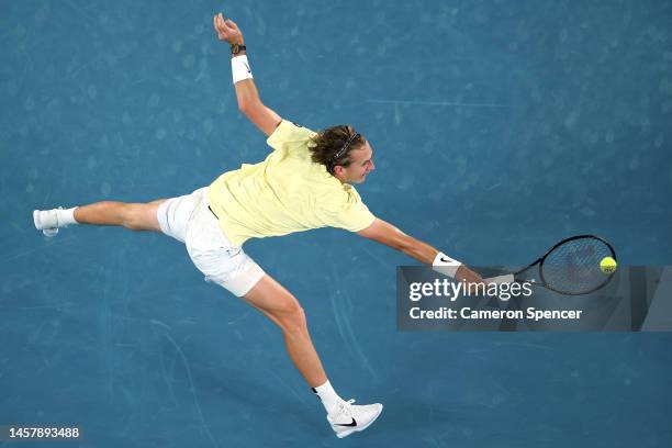 Sebastian Korda of the United States plays a backhand during the third round singles match against Daniil Medvedev during day five of the 2023...