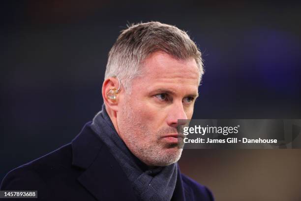 Sky Sports pundit Jamie Carragher looks on ahead of the Premier League match between Manchester City and Tottenham Hotspur at Etihad Stadium on...