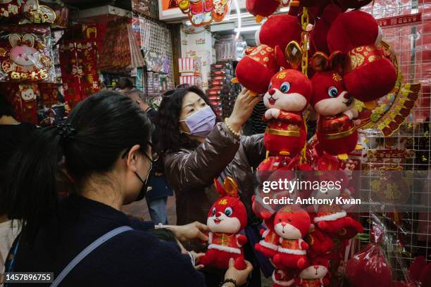 Shoppers look at rabbit dolls for Lunar New Year decorations at a street market on January 20, 2023 in Hong Kong, China. The Lunar New Year, also...