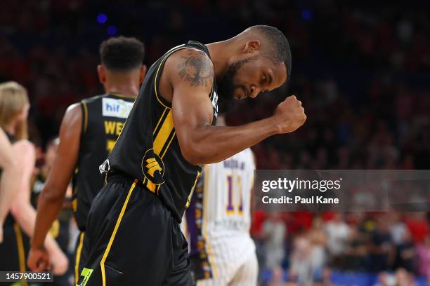 Bryce Cotton of the Wildcats celebrates a basket during the round 16 NBL match between Perth Wildcats and Sydney Kings at RAC Arena, on January 20 in...