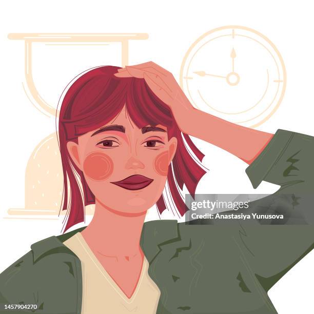 portrait of girl caring about time - head in hands vector stock illustrations