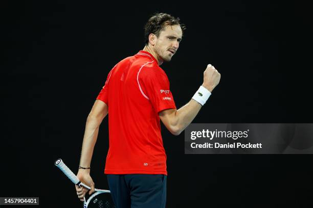 Daniil Medvedev celebrates after winning a point during the third round singles match against Sebastian Korda of the United States during day five of...