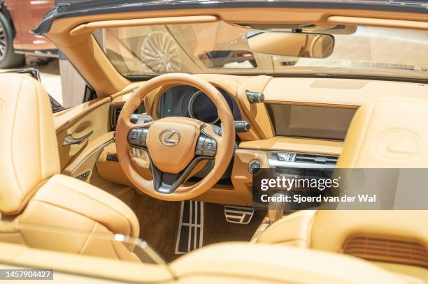 Lexus LC 500H convertible luxury hybrid car interior at Brussels Expo on January 13, 2023 in Brussels, Belgium.
