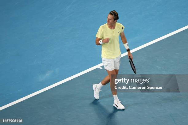 Sebastian Korda of the United States celebrates set point during the third round singles match against Daniil Medvedev during day five of the 2023...