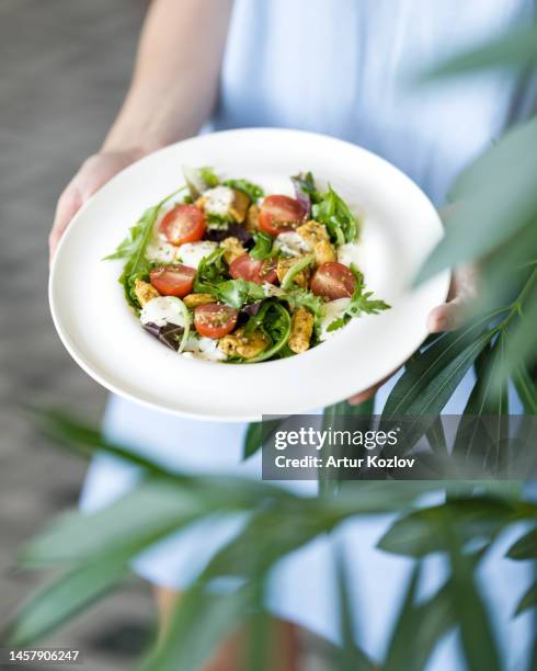 salad with mozzarella, tomatoes, arugula and chicken, seasoned with olive oil. plate with salad in hands of woman. soft focus. italian cuisine. healthy food. top view - mittelmeerküche stock-fotos und bilder