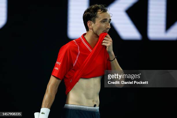 Daniil Medvedev plays a forehand during the third round singles match against Sebastian Korda of the United States during day five of the 2023...