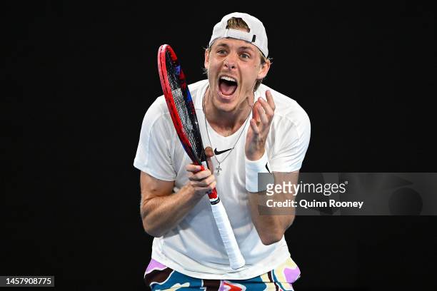 Denis Shapovalov of Canada reacts during the third round singles match against Hubert Hurkacz of Poland during day five of the 2023 Australian Open...