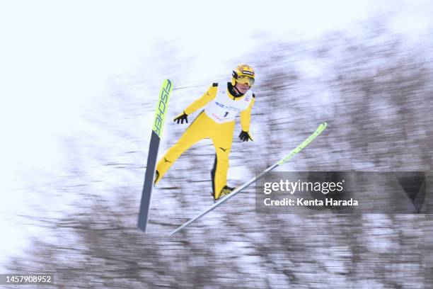 Noriaki Kasai of Japan competes in the men's large hill individual during the FIS Ski Jumping World Cup Sapporo at Okurayama Jump Stadium on January...