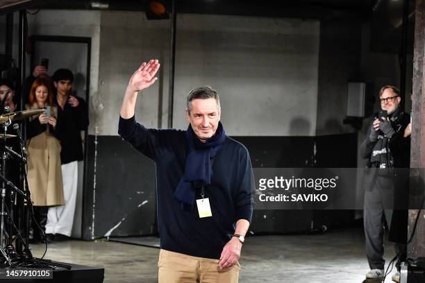 Fashion designer Dries Van Noten walks the runway during the Dries Van Noten Menswear Fall-Winter 2023-2024 fashion show as part of Paris Fashion...