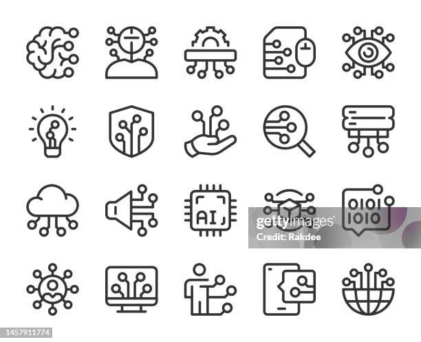 ilustraciones, imágenes clip art, dibujos animados e iconos de stock de inteligencia artificial - iconos de línea - transformación digital