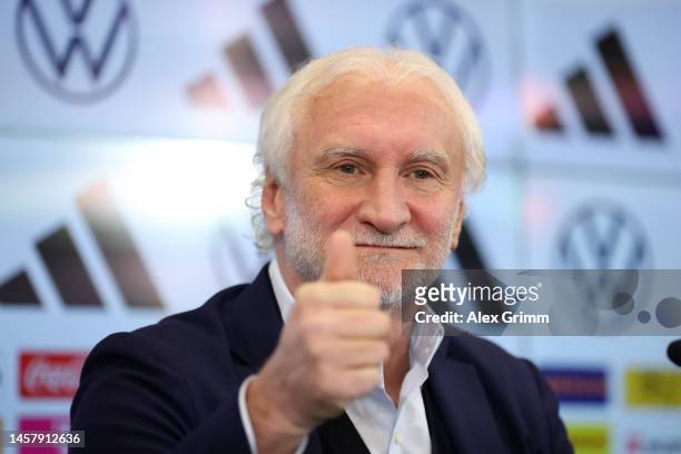 Rudi Völler, new director of the German Men's National football team, gives a thumbs up during a press conference, announcing him as the new director...