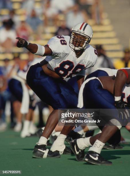 Shawn Jarrett, Outside Linebacker for the University of Arizona Wildcats calls out instructions on the line of scrimmage during the NCAA Pac-10...