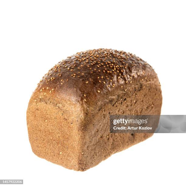 loaf of rectangular bread sprinkled with sesame. white background, isolate - rhizopus stock pictures, royalty-free photos & images