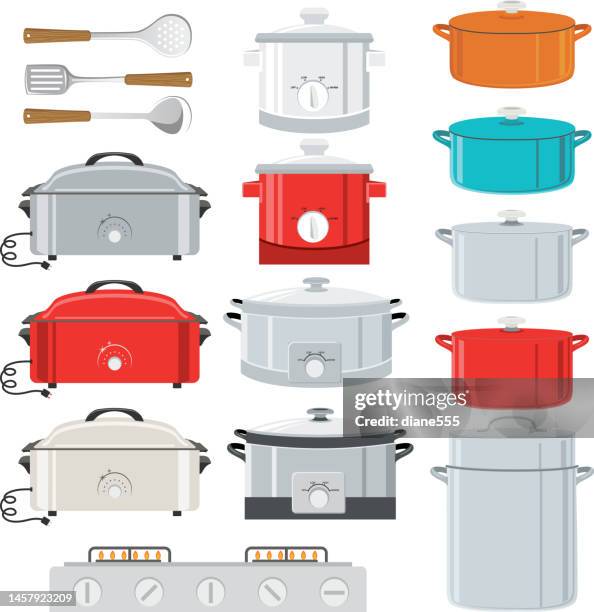 set von kochtöpfen, slow cooker, crock pot, dutch oven - slow cooker stock-grafiken, -clipart, -cartoons und -symbole